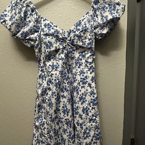 97% Cotton Off-the-shoulder Blue Floral Puff-Sleeve Midi Dress